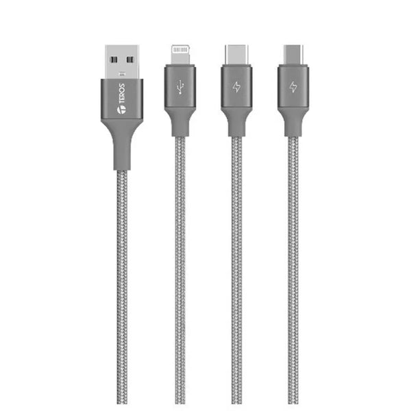 Cable USB Teros TE-70210W, TIPO A - TIPO C/LIGHTNING/MICRO USB, 3.5A, 17.5W Max, Gris - SMART BUSINESS