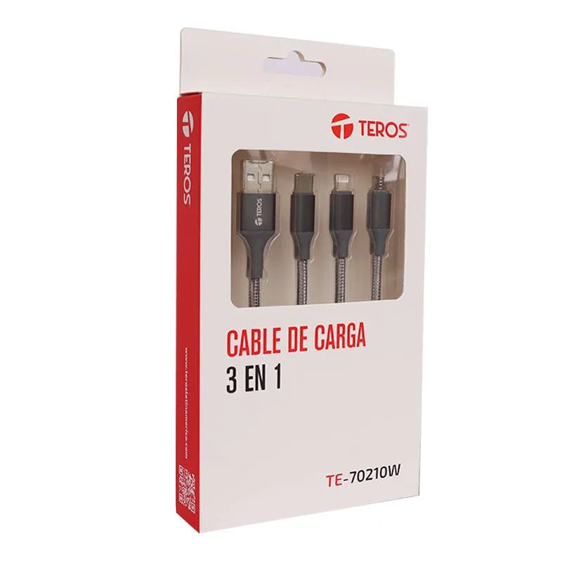 Cable USB Teros TE-70210W, TIPO A - TIPO C/LIGHTNING/MICRO USB, 3.5A, 17.5W Max, Gris - SMART BUSINESS