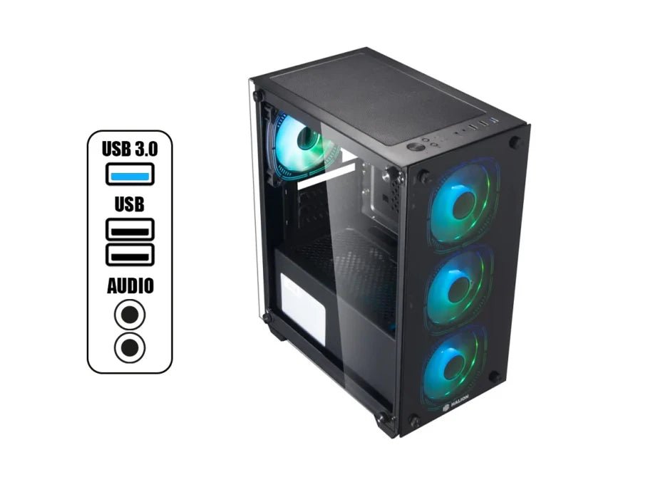 CASE MICRO ATX RAGNAROK 323, FUENTE 550W, 2xUSB 2.0, 1xUSB 3.0, Audio HD, Micrófono HD, 4x12CM LED RGB COOLER, VT frontal y lateral, Medidas: 350 x 190 x 400mm, 3x3.5HDD, 1x2.5SDD interno RAGNAROK-323 - SMART BUSINESS