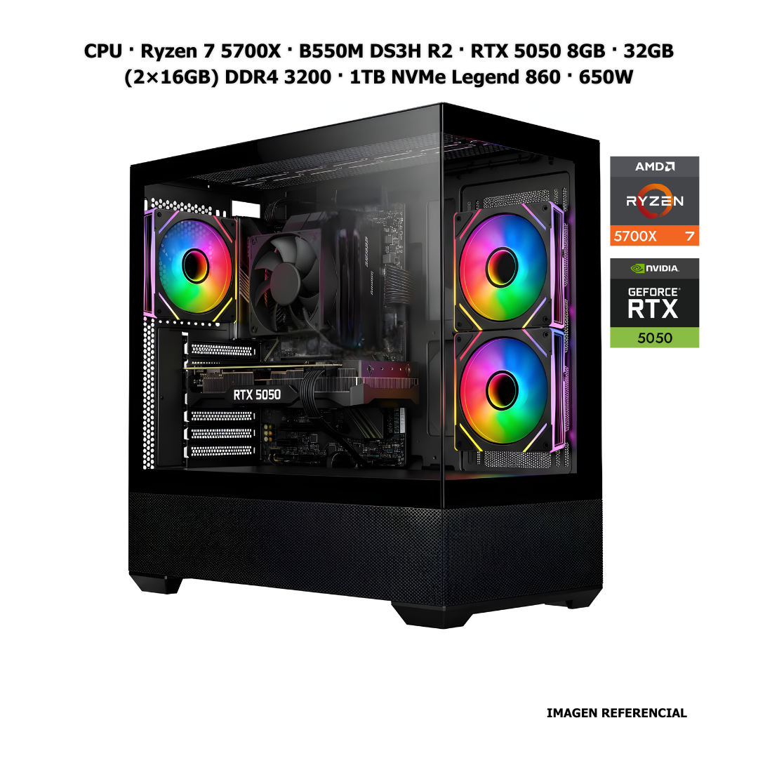 CPU · Ryzen 7 5700X · B550M DS3H R2 · RTX 5050 8GB · 32GB (2×16GB) DDR4 3200 · 1TB NVMe · 650W