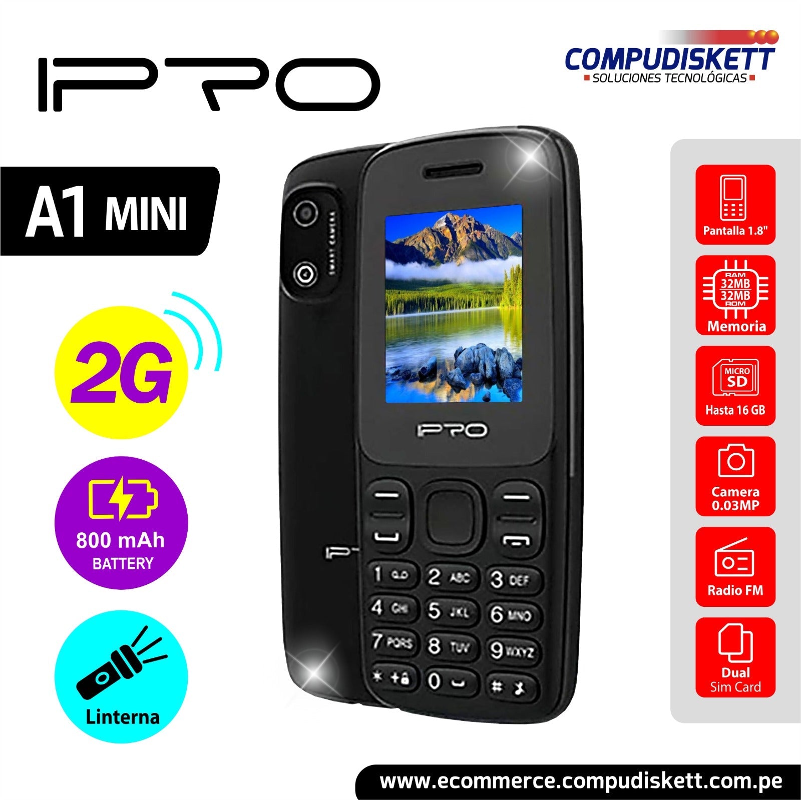 CELULAR IPRO A1MINI 2G BLACK RED DUAL SIM COMPACTO Y FUNCIONAL CON DOBLE SIM EN COLOR NEGRO Y ROJO A1MINI - SMART BUSINESS