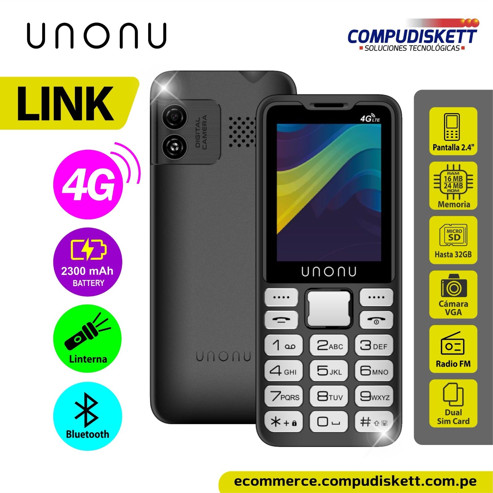 CELULAR UNONU LINK 4G BLACK DUAL SIM RADIO FM CÁMARA RADIO DESBLOQUEADO LINK - SMART BUSINESS