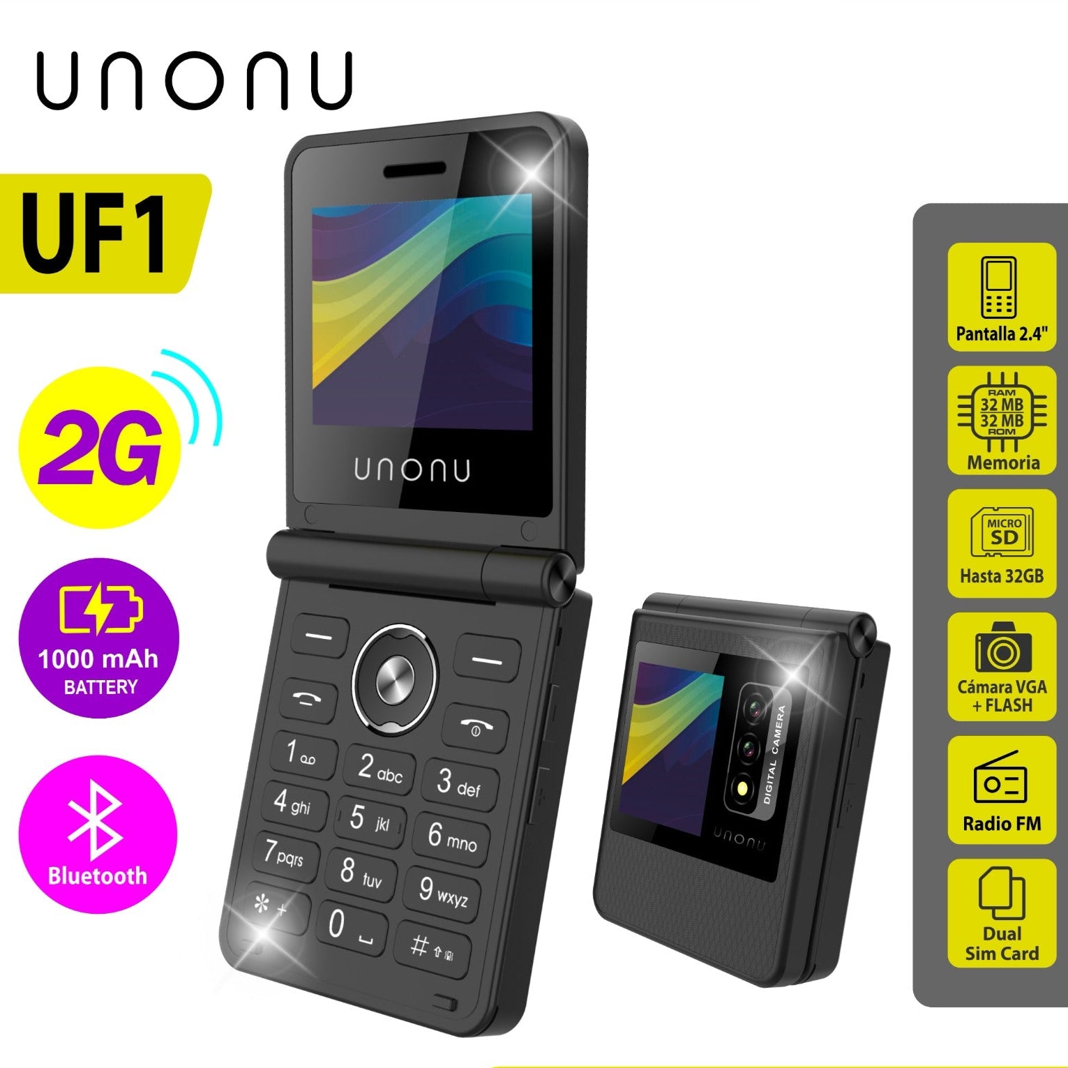 CELULAR UNONU UF1 FLIP PHONE 2G BLACK DS - SMART BUSINESS