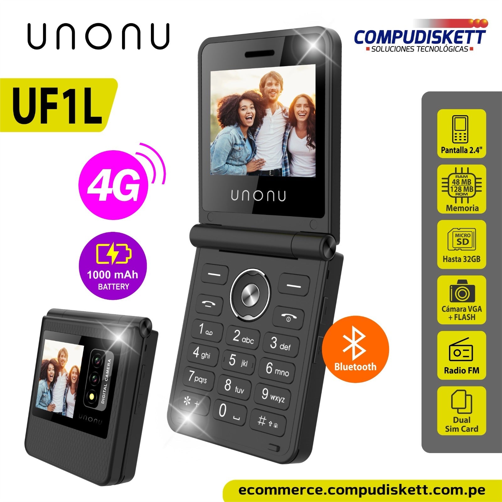 CELULAR UNONU UF1L FLIP PHONE 4G LTE BLACK DS UF1L - SMART BUSINESS
