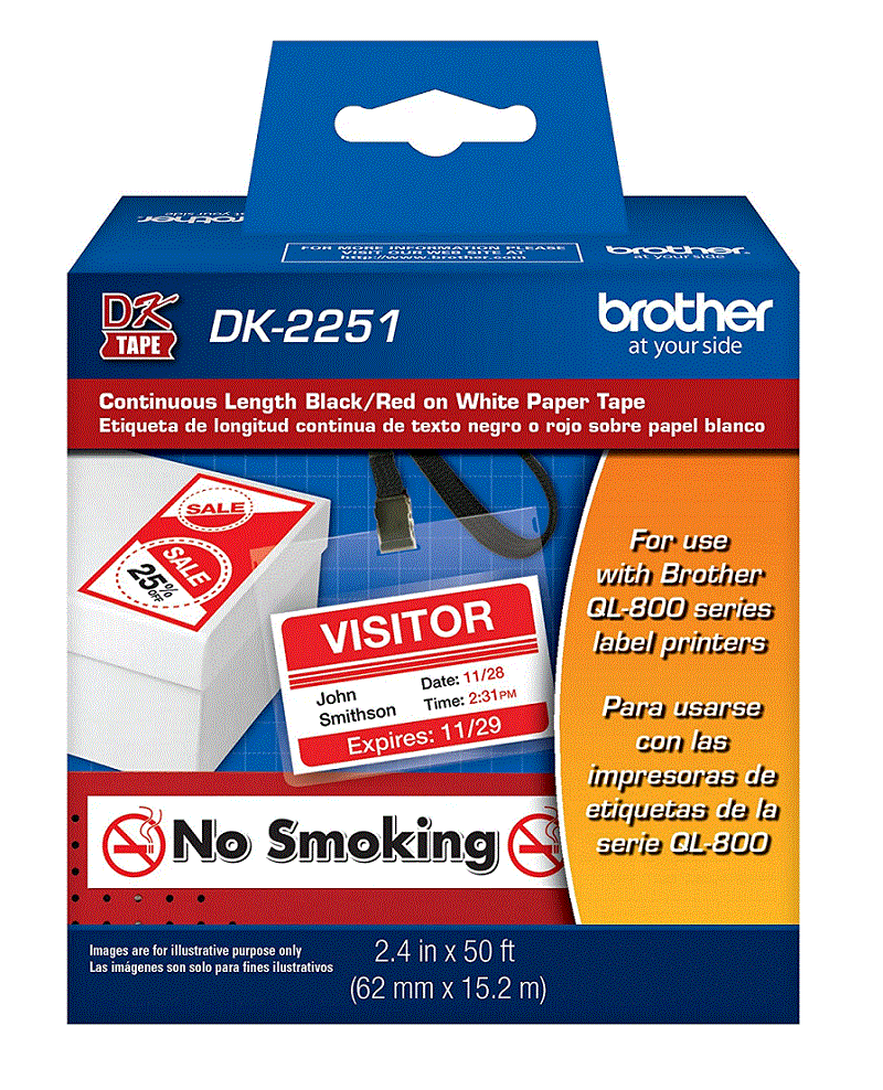 Cinta Brother DK-2251 Negro y Rojo sobre Blanco, 6.2cm x 15.2m - SMART BUSINESS