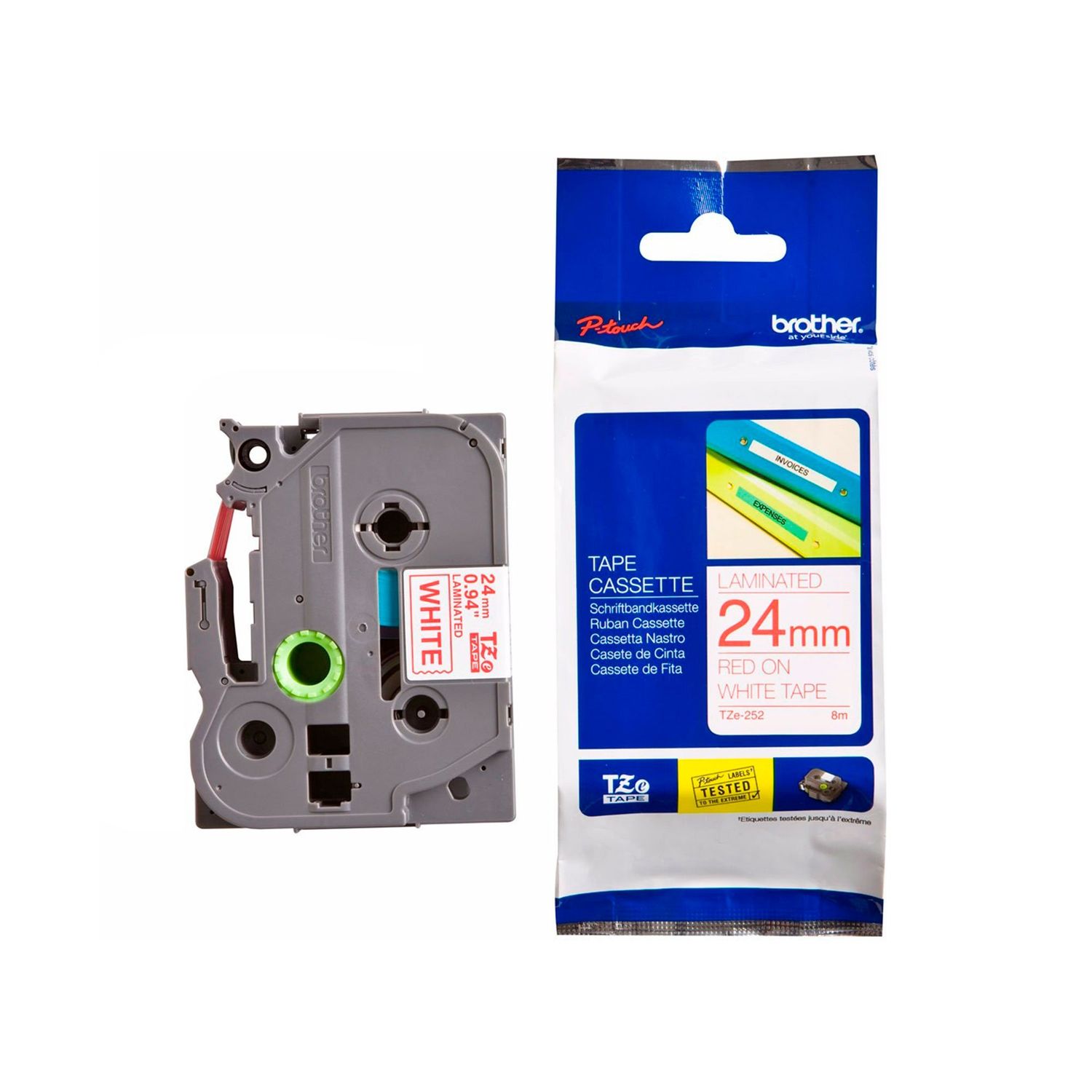 CINTA BROTHER TZE - 252 LAMINADA 24MM X 8M ROJA SOBRE BLANCO, RESISTENTE AL AGUA, ABRASIÓN Y TEMPERATURA, IDEAL PARA ROTULADORAS P - TOUCH TZE252G - SMART BUSINESS