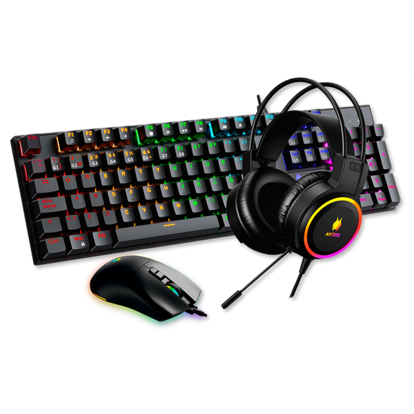COMBO 3 EN UNO ANTRYX GC-3100 X3 BLACK, TECLADO CON ILUMINACION LED, MOUSE ILUMINACION LED, AURICULAR CON ILUMINACION LED (AGC-3100X3KBL-SP) - SMART BUSINESS