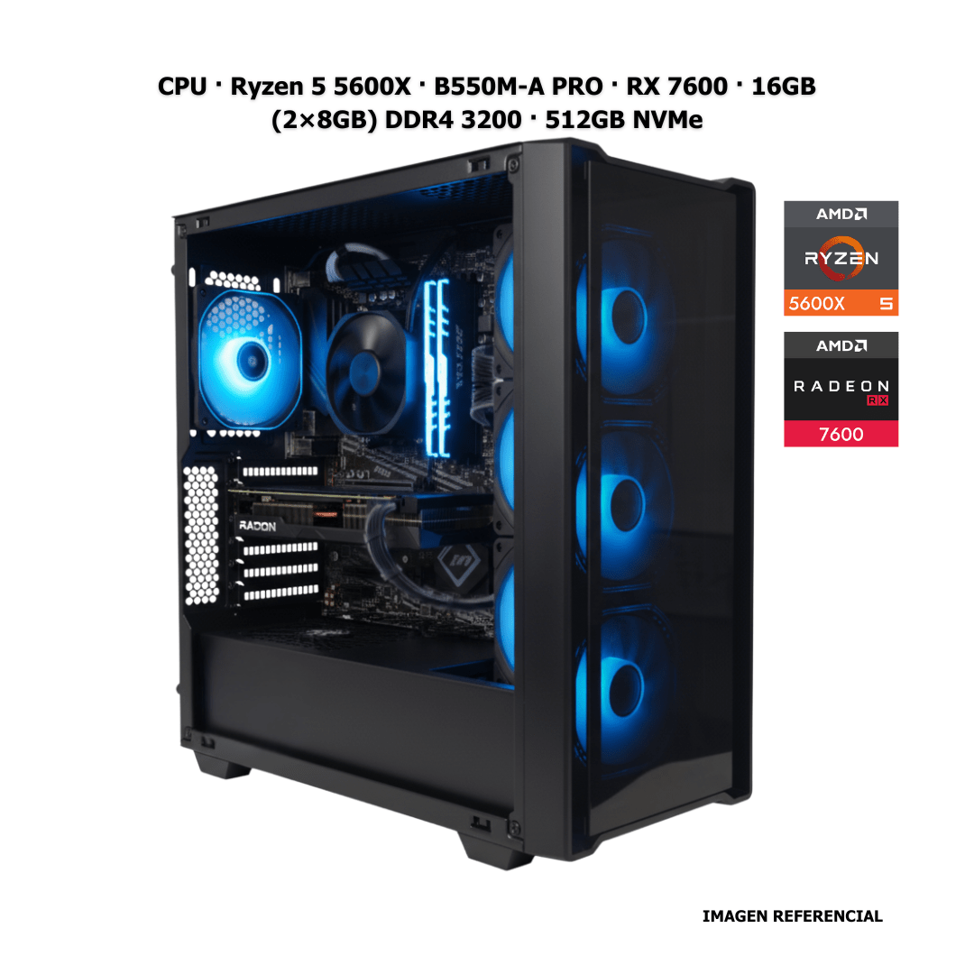 Computadora · AMD Ryzen 5 5600X · Placa madre B550M - A PRO · Tarjeta de video RX 7600 8GB · Memoria Ram 16GB (2×8) DDR4 · Disco duro SSD 512GB NVMe PCB1414 - SMART BUSINESS