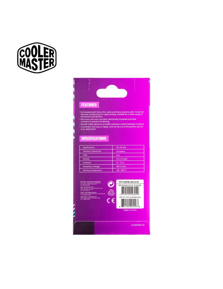 Cooler Master Thermal Pad Pro TPY‑NDPB‑9020‑R1 – Almohadilla térmica azul de alto rendimiento 2.0 mm, adhesivo de doble cara, conductividad 15,3 W/mK, 95×45 mm, - 40 ~ 200 °C TPY-NDPB-9020-R1 - SMART BUSINESS