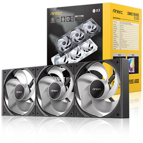 COOLER PARA CASE ANTEC CONNECT 120MM REVERSE ARGB PACK X3, NEGRO, CON SISTEMA DE ENCLAVAMIENTO INTUITIVO Y EFECTOS LED PERSONALIZABLES 0-761345-40048-0 - SMART BUSINESS
