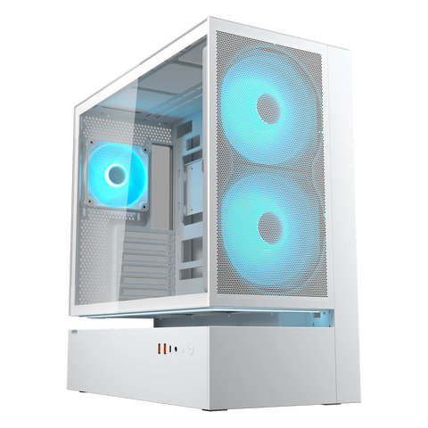 Gabinete COUGAR CFV235 Mesh White 382DA40.0006, vista principal con panel frontal de malla y ventiladores ARGB