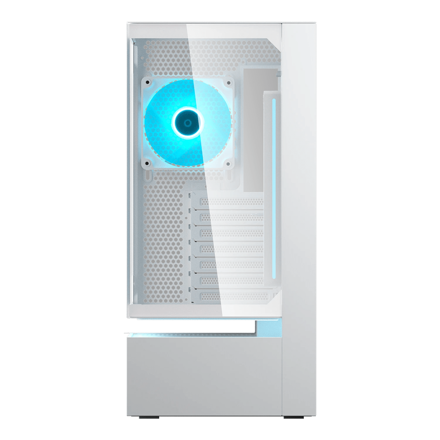 Gabinete COUGAR CFV235 White 382DA40.0002, vista frontal del chasis blanco y ventiladores ARGB