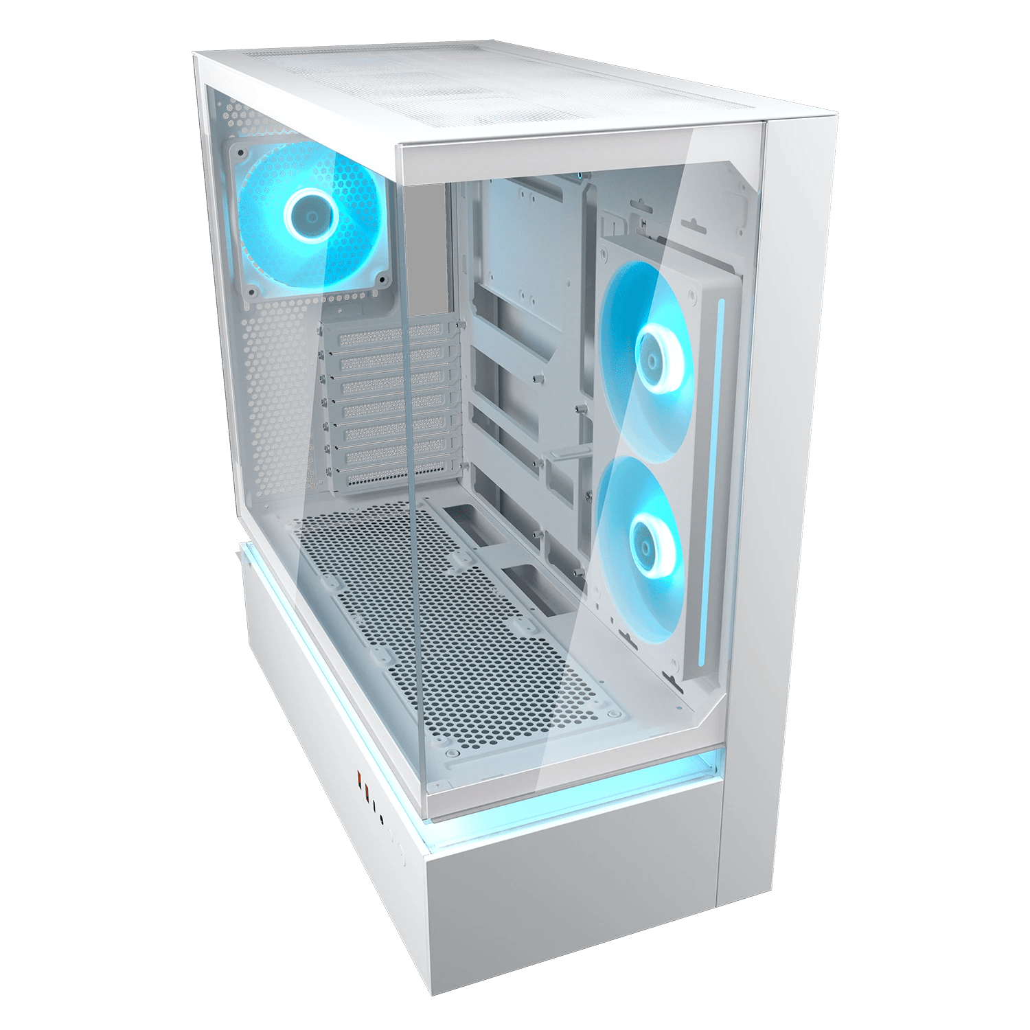 Gabinete COUGAR CFV235 White 382DA40.0002, vista en tres cuartos del panel de vidrio templado