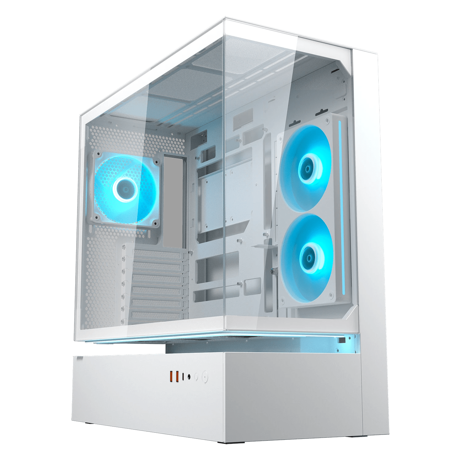 Gabinete COUGAR CFV235 White 382DA40.0002, vista principal panorámica con ventiladores ARGB