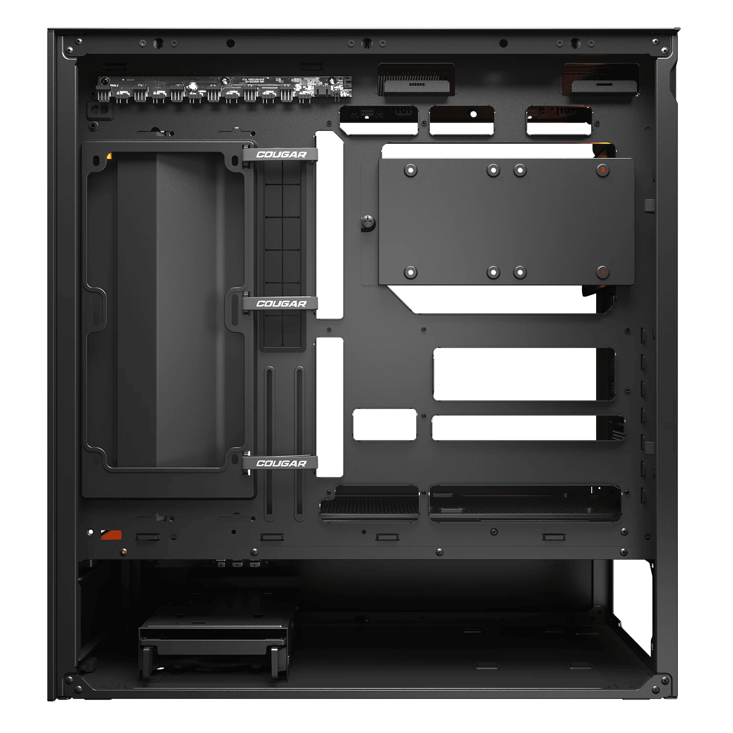 Gabinete COUGAR CFV235 Mesh Black 382DA40.0005, vista lateral opuesta con ventilación y gestión interna