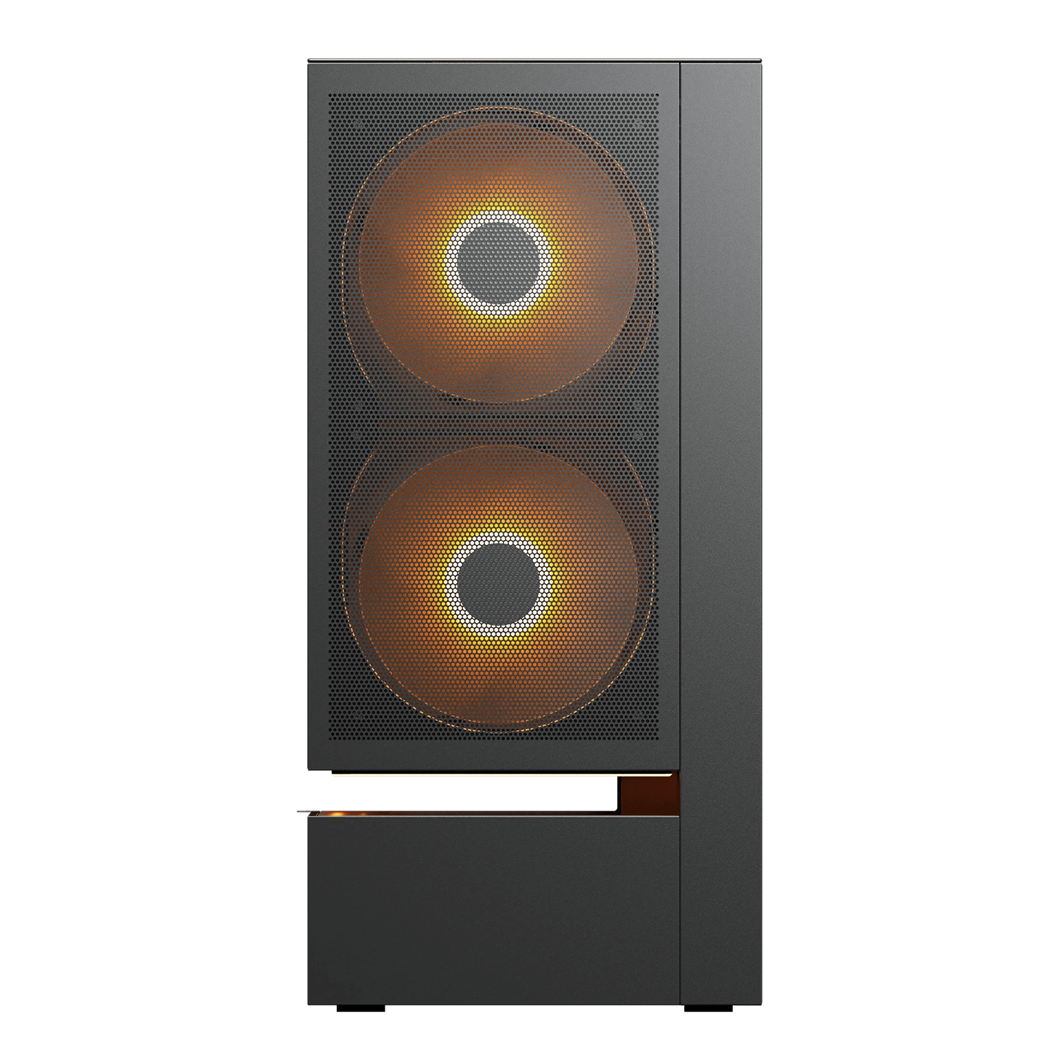 Gabinete COUGAR CFV235 Mesh Black 382DA40.0005, vista frontal del módulo de malla con dos ventiladores ARGB de 160 mm