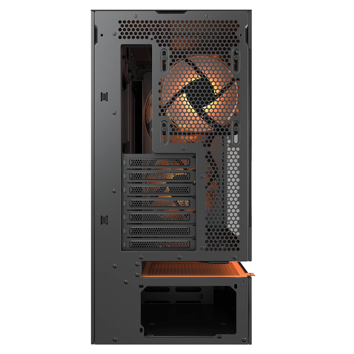 Gabinete COUGAR CFV235 Mesh Black 382DA40.0005, vista posterior con ventilador ARGB de 120 mm