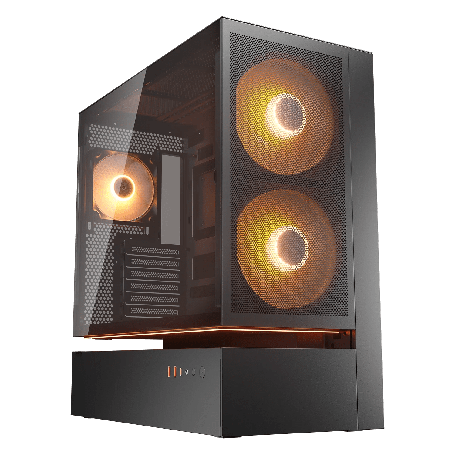 Gabinete COUGAR CFV235 Mesh Black 382DA40.0005, vista frontal-lateral con interior, ranuras PCI, ventilador trasero y cubierta de fuente