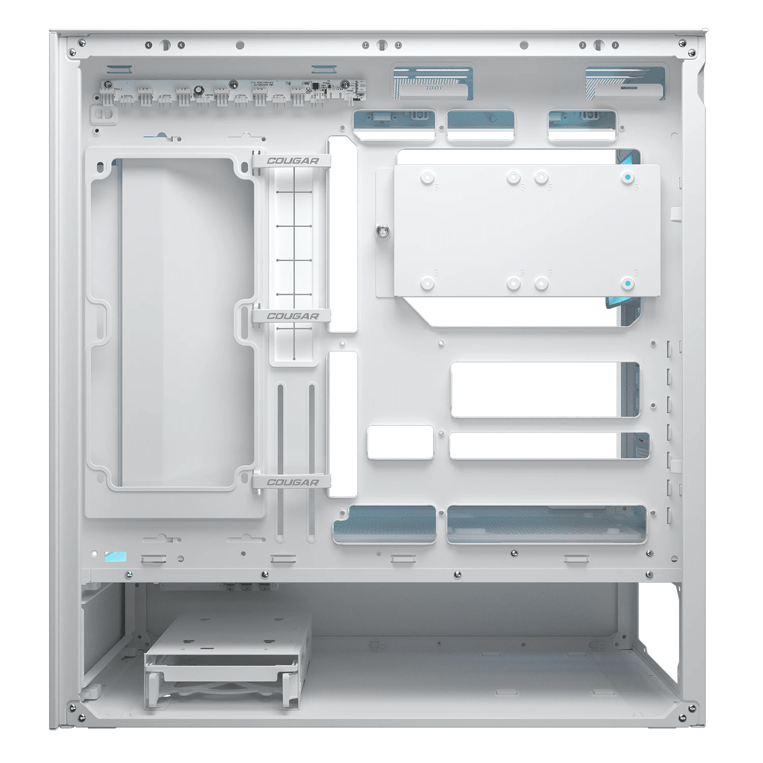 Gabinete COUGAR CFV235 Mesh White 382DA40.0006, vista lateral opuesta con ventilación y gestión interna