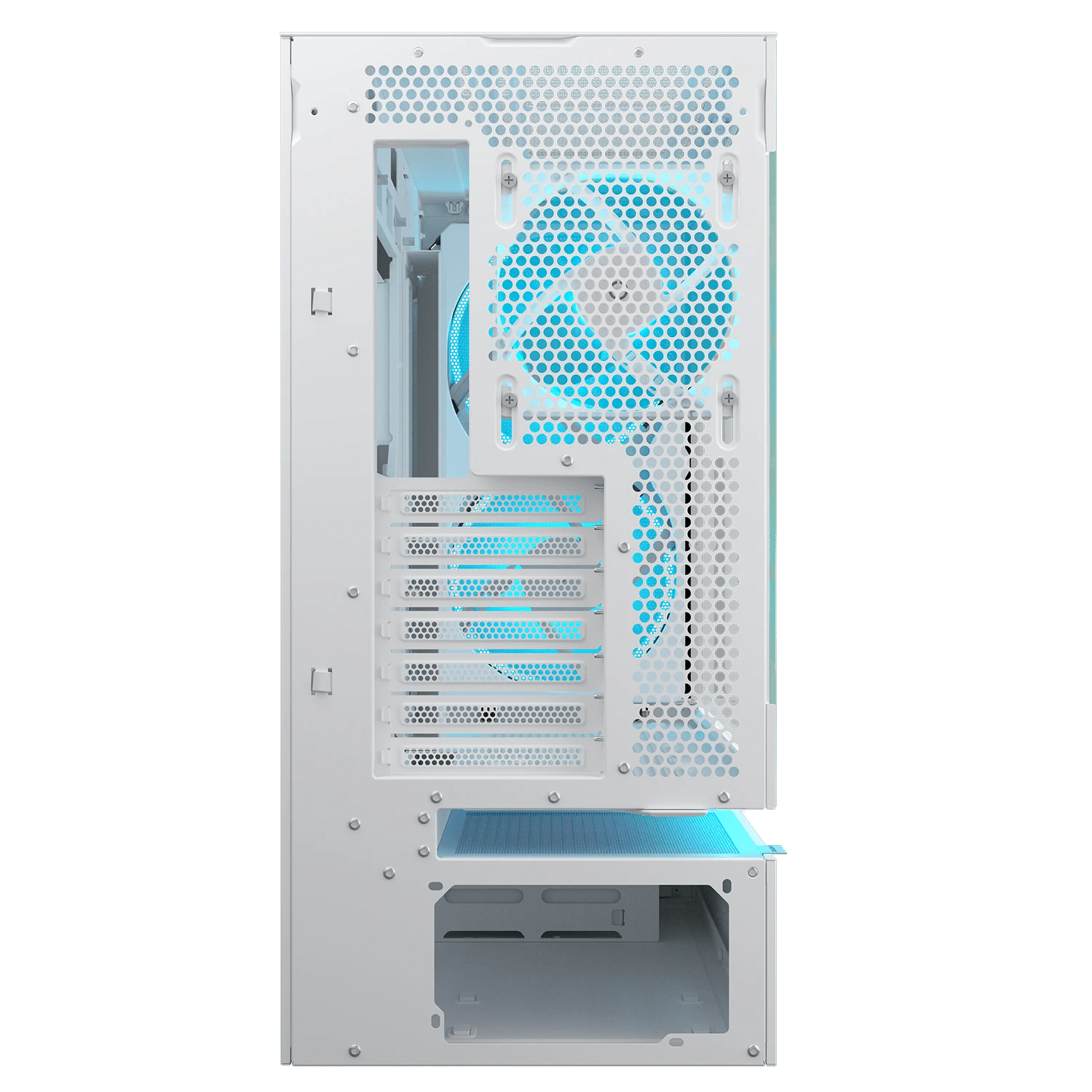 Gabinete COUGAR CFV235 Mesh White 382DA40.0006, vista posterior con ventilador ARGB de 120 mm