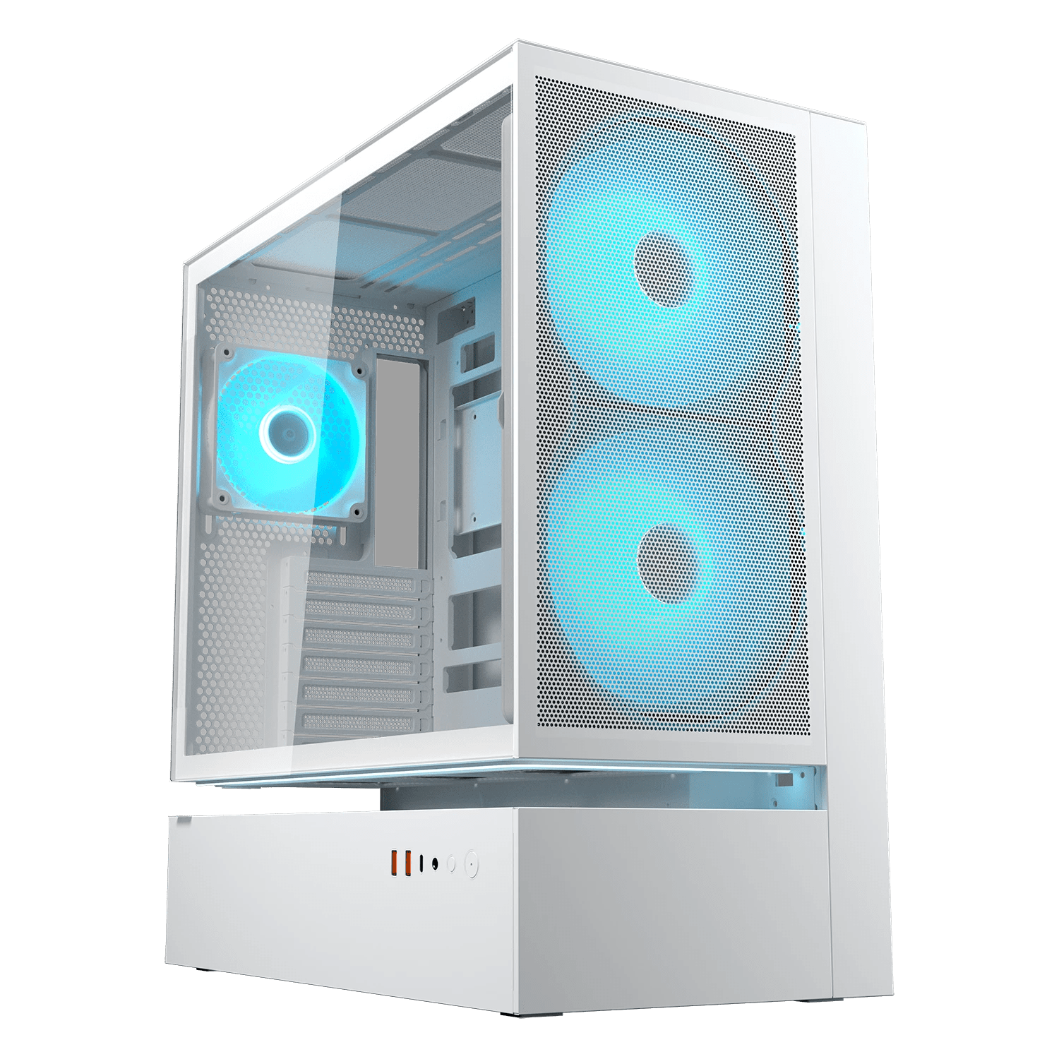 Gabinete COUGAR CFV235 Mesh White 382DA40.0006, vista principal con panel frontal de malla y ventiladores ARGB