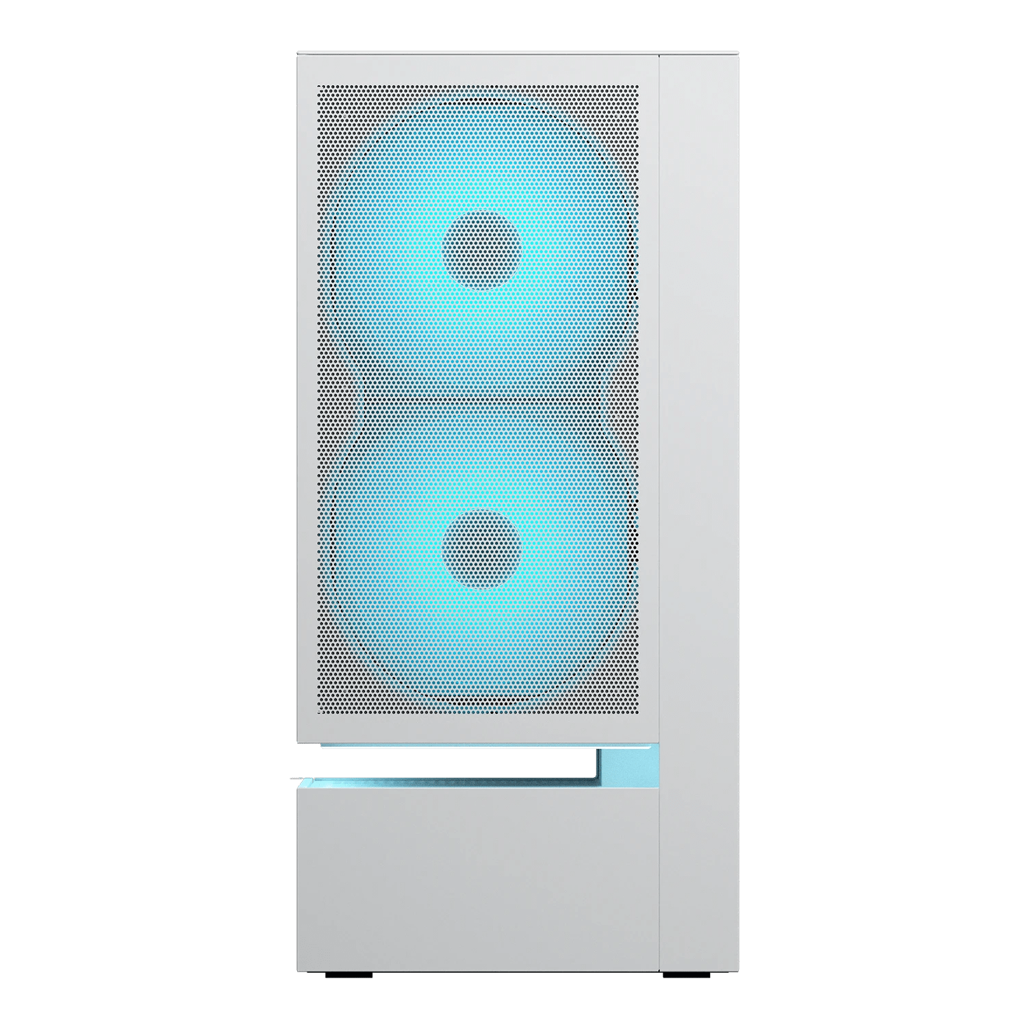 Gabinete COUGAR CFV235 Mesh White 382DA40.0006, vista frontal del módulo de malla con dos ventiladores ARGB de 160 mm