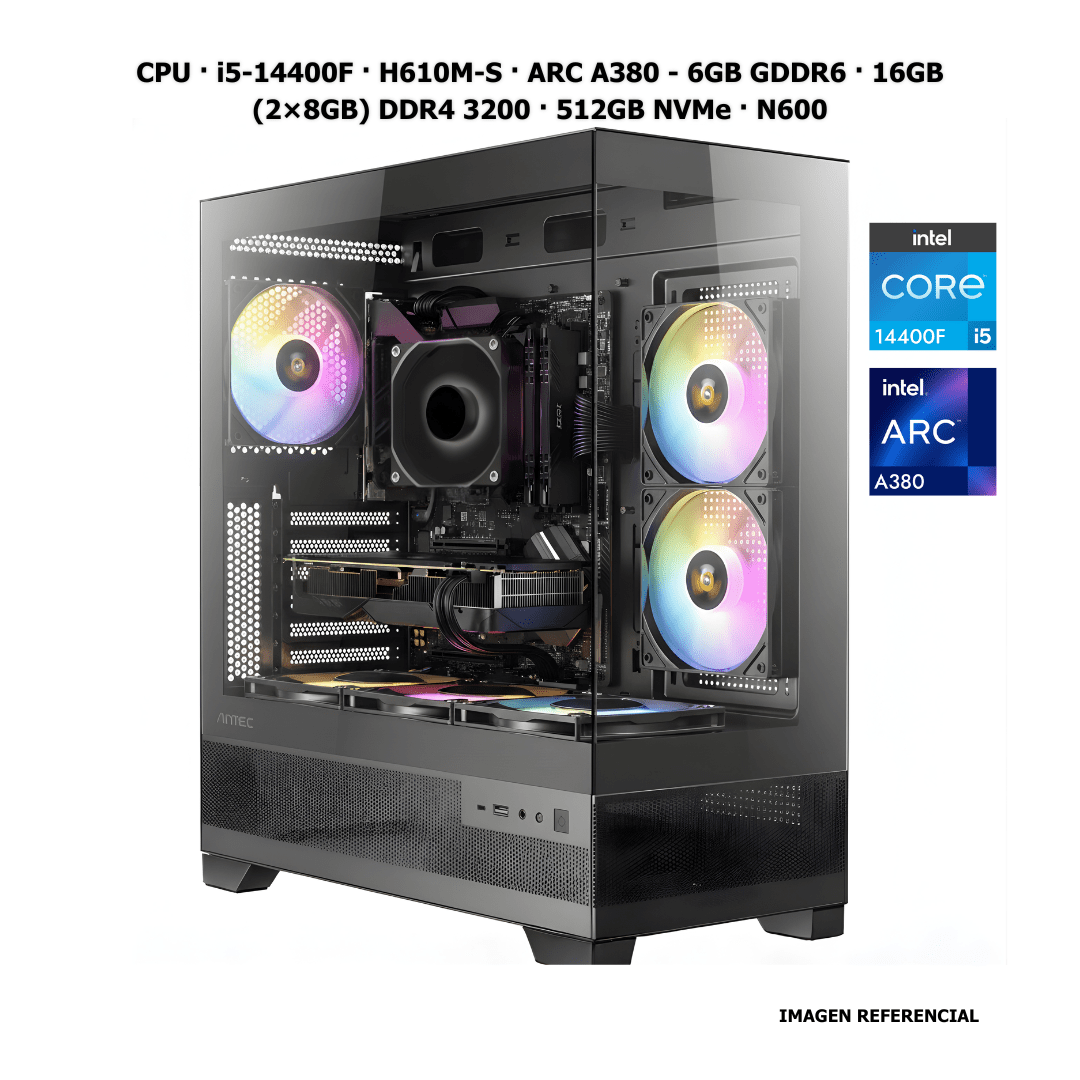 CPU · Core i5 - 14400F · H610M - S · ARC A380 - 6GB GDDR6 · 16GB (2×8GB) DDR4 3200 · 512GB NVMe LEGEND 710 · N600 FR A/USCPU · i5 - 14400F · H610M - S · ARC A380 - 6GB GDDR6 · 16GB (2×8GB) DDR4 3200 · 512GB NVMe · N600 PCB1426 - SMART BUSINESS