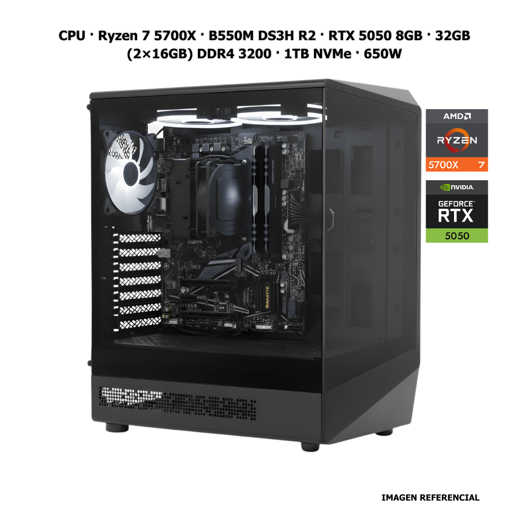 CPU · Ryzen 7 5700X · B550M DS3H R2 · RTX 5050 8GB · 32GB (2×16GB) DDR4 3200 · 1TB NVMe · 650W PCB1453 - SMART BUSINESS