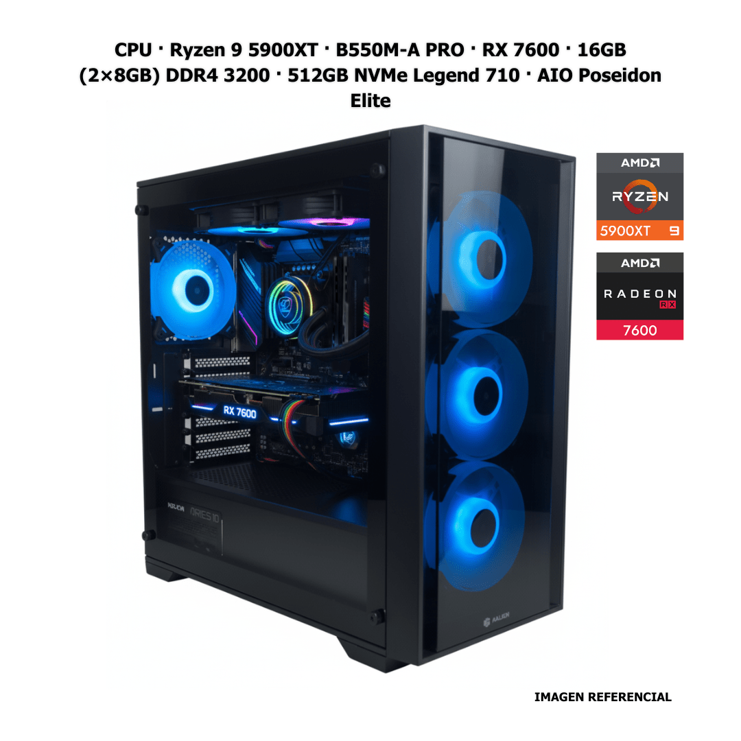 CPU · Ryzen 9 5900XT · B550M - A PRO · RX 7600 · 16GB (2×8GB) DDR4 3200 · 512GB NVMe · AIO Poseidon Elite PCB1417 - SMART BUSINESS