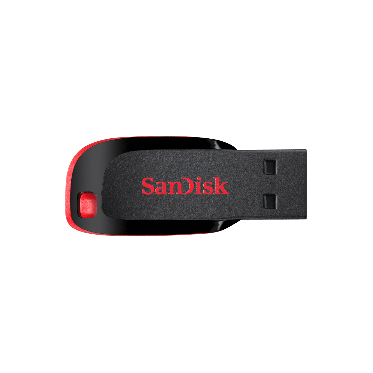 Vista frontal horizontal de la SanDisk Cruzer Blade 32 GB, conector USB-A y cuerpo negro y rojo