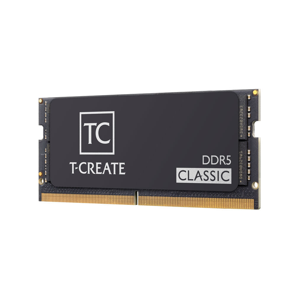 Memoria RAM TEAMGROUP T-CREATE CLASSIC CTCCD516G5600HC46A-S01 16GB DDR5 SO-DIMM negra, perspectiva desde la derecha