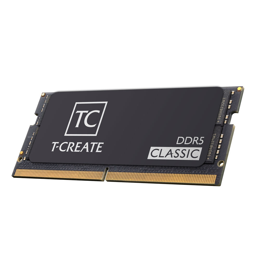 Memoria RAM TEAMGROUP T-CREATE CLASSIC CTCCD516G5600HC46A-S01 16GB DDR5 SO-DIMM negra, vista inclinada