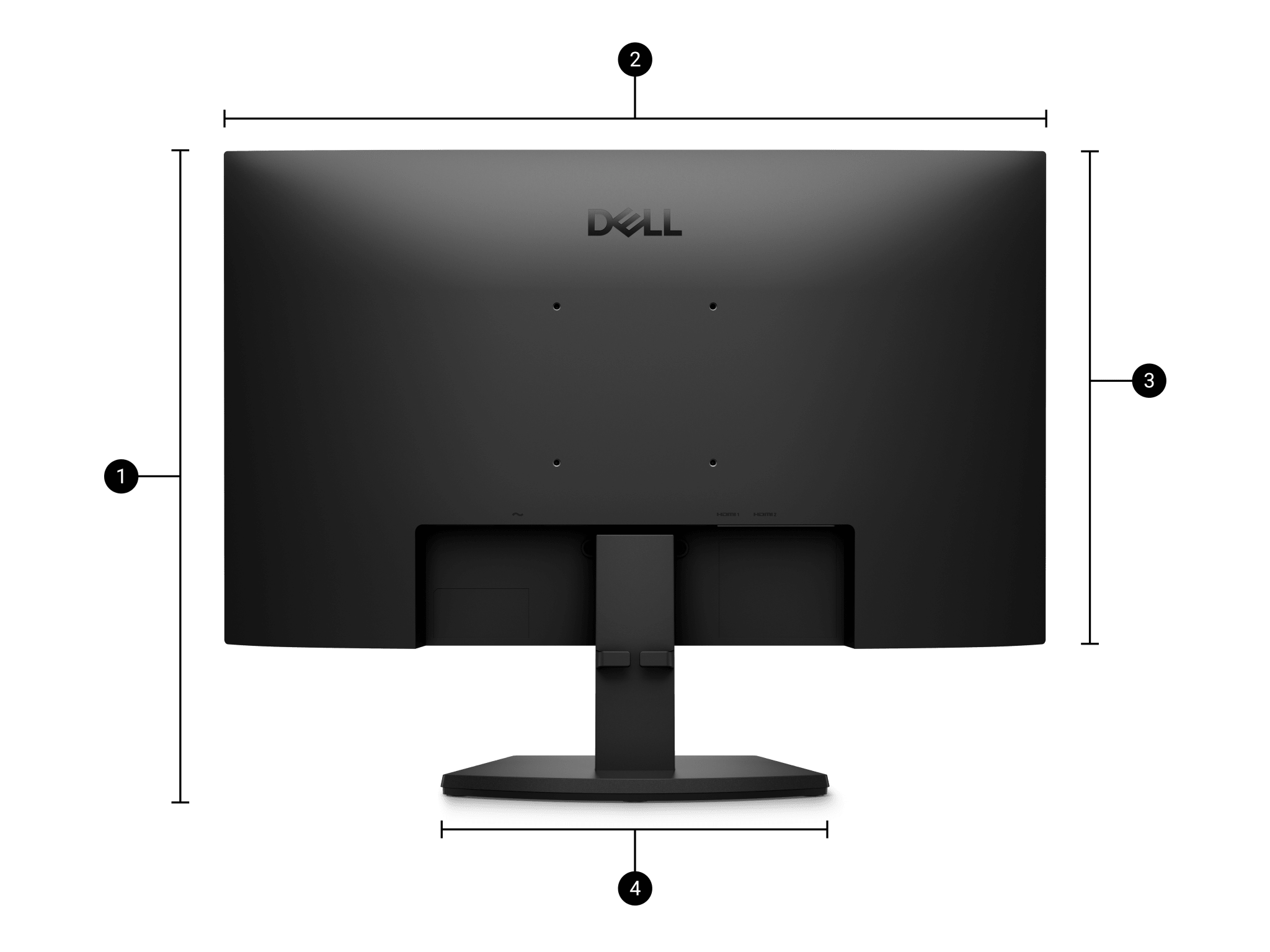 Monitor Dell SE2426H vista frontal correcta con soporte y dimensiones