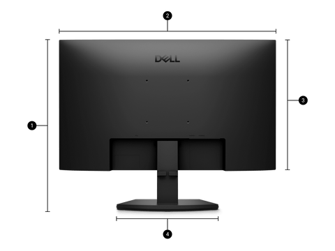Monitor Dell SE2426H vista frontal correcta con soporte y dimensiones