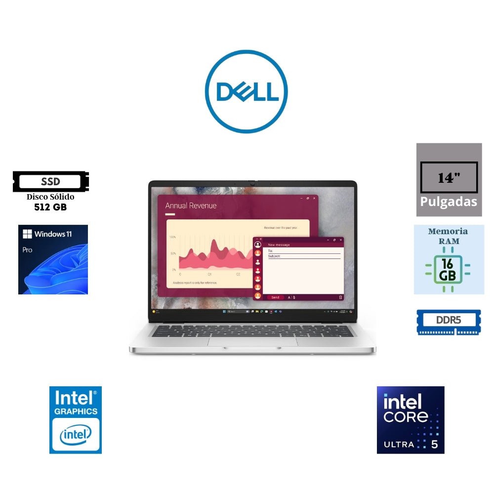 DELL PRO 14 PC14250 Y5C5C – LAPTOP 14” FHD+ (1920×1200) IPS, INTEL CORE ULTRA 5 - 235U, 16 GB RAM, 512 GB SSD, WINDOWS 11 PRO – IDEAL PARA TRABAJO PROFESIONAL Y5C5C - SMART BUSINESS