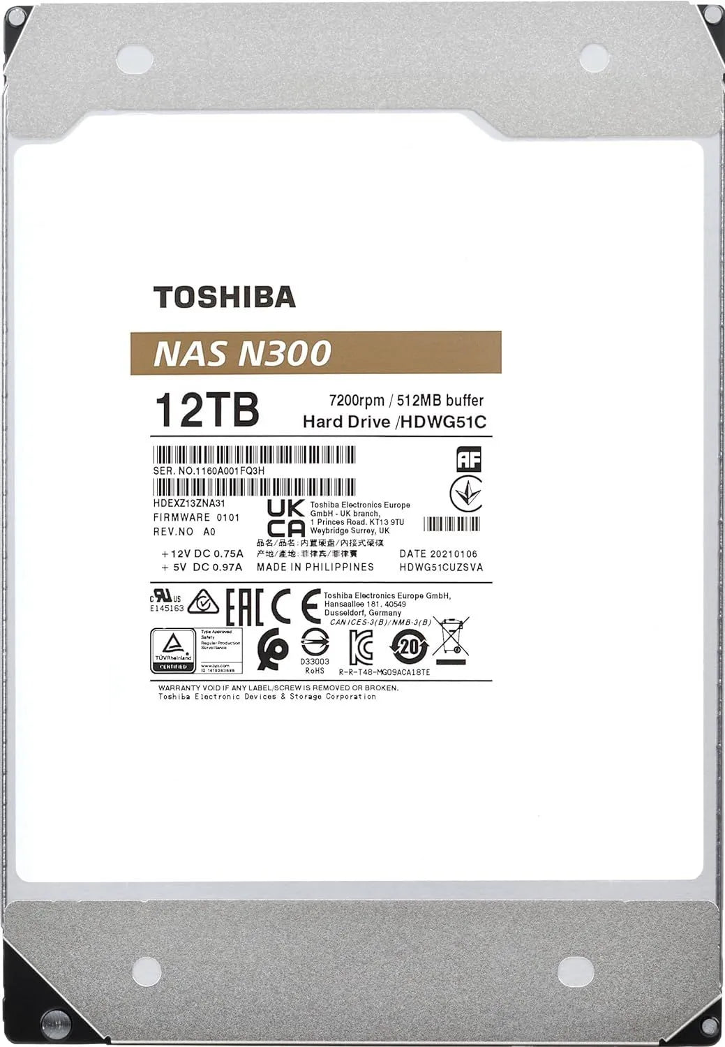 Disco Duro Toshiba N300 Nas, 12Tb, Sata 6.0Gb/S, 7200Rpm, 512Mb Cache, 3.5". - SMART BUSINESS