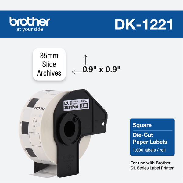 ETIQUETAS BROTHER DK-1221 REDONDAS BLANCAS, 23 MM, ROLLO DE 1000 UNIDADES, COMPATIBLES CON IMPRESORAS QL SERIES, ADHESIVO FUERTE Y ALTA CALIDAD DE IMPRESIÓN