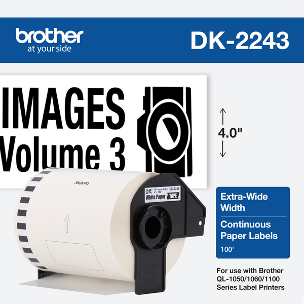 ETIQUETA BROTHER DK-2243 CONTINUA BLANCA, PAPEL ADHESIVO 102 MM X 30.48 M, COMPATIBLE CON QL-1100, QL-1110NWB, IMPRESIÓN NÍTIDA Y DURADERA