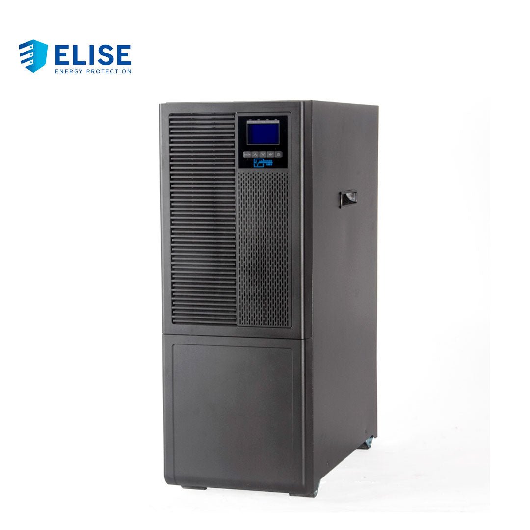UPS Elise UDC-10K-T-G2 vista frontal tres cuartos con pantalla LCD