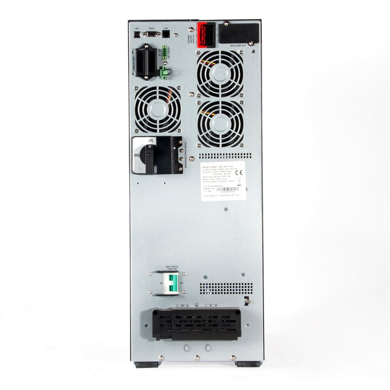 UPS Elise UDC-10K-T-G2 vista posterior con ventiladores y conexiones