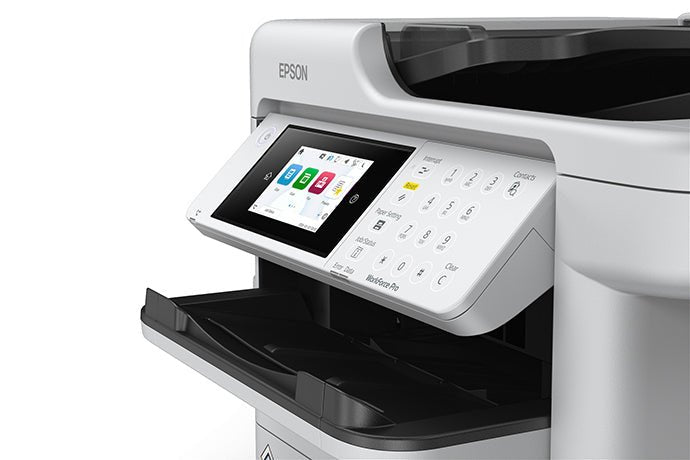 Impresora multifuncional Epson WorkForce Pro WF-C5891 C11CK27301 detalle del panel táctil y bandeja de salida