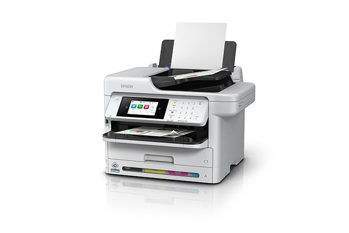 Impresora multifuncional Epson WorkForce Pro WF-C5891 C11CK27301 vista en tres cuartos con alimentador posterior abierto