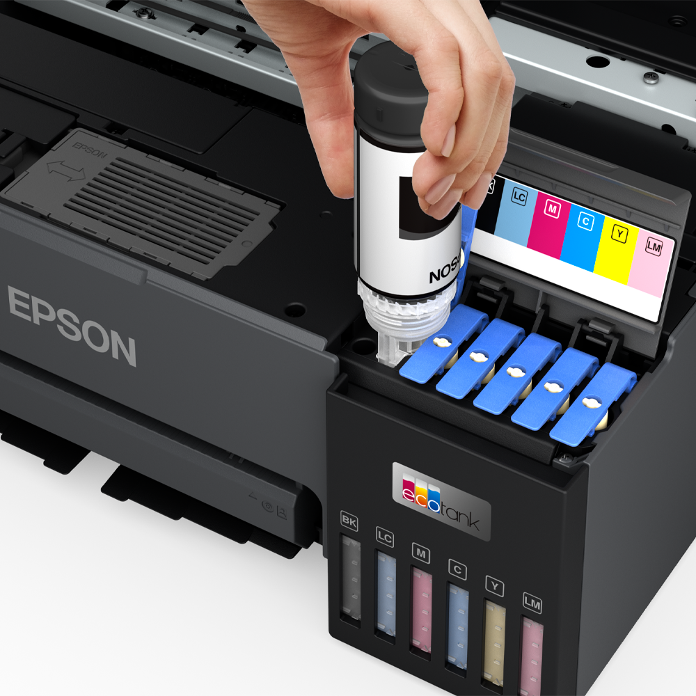 Impresora fotográfica Epson EcoTank L8050 C11CK37301 detalle de tanques de tinta
