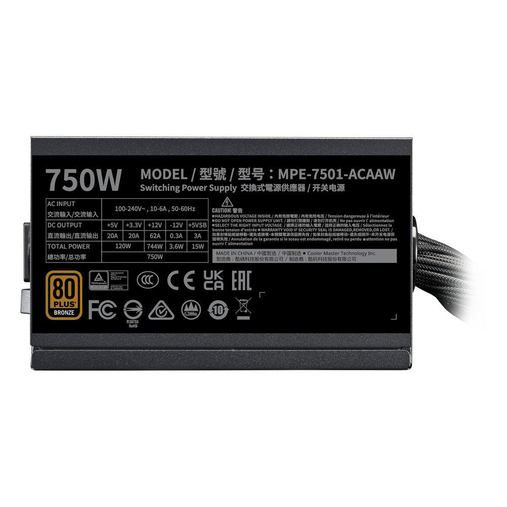 FUENTE DE PODER COOLER MASTER MWE BRONZE V3 750W CON CABLE A/US - MODELO MPE - 7501 - ACAAW - 3BUS MPE-7501-ACAAW-3BUS - SMART BUSINESS