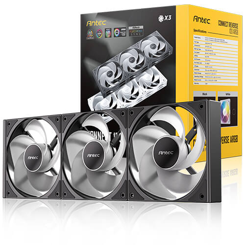 COOLER PARA CASE ANTEC CONNECT 120MM REVERSE ARGB PACK X3, NEGRO, CON SISTEMA DE ENCLAVAMIENTO INTUITIVO Y EFECTOS LED PERSONALIZABLES