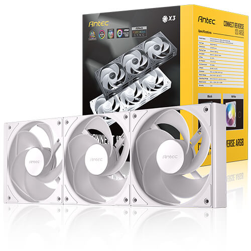 COOLER PARA CASE ANTEC CONNECT 120MM REVERSE ARGB PACK X3 BLANCO CON SISTEMA DE ENCLAVAMIENTO INTUITIVO Y ILUMINACIÓN LED-ARGB PARA PC GAMING