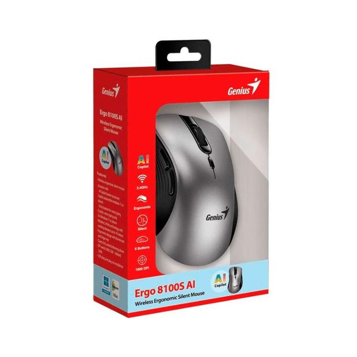 GENIUS ERGO 8100S AI RATÓN ERGONÓMICO INALÁMBRICO SILENCIOSO USB 2.4 GHZ 1600 DPI BOTÓN COPILOT COLOR PLATA 31030040404 - SMART BUSINESS