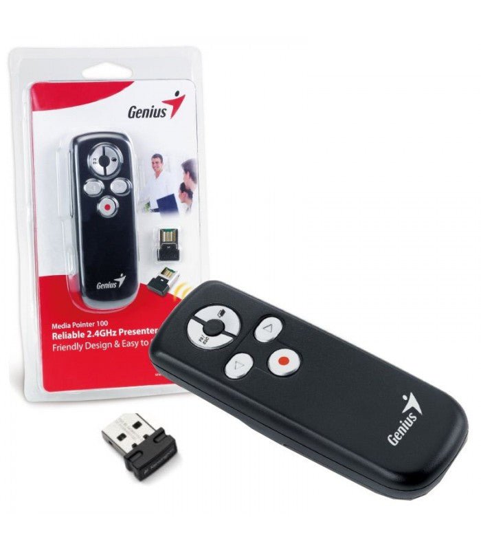 GENIUS MEDIA POINTER 100 PRESENTADOR INALÁMBRICO 2.4 GHZ LÁSER PICO RECEIVER 5 BOTONES NEGRO 31090015100 - SMART BUSINESS