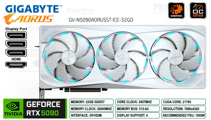 Gigabyte AORUS GeForce RTX 5090 STEALTH ICE 32G GV-N5090AORUSST ICE-32GD vista 1