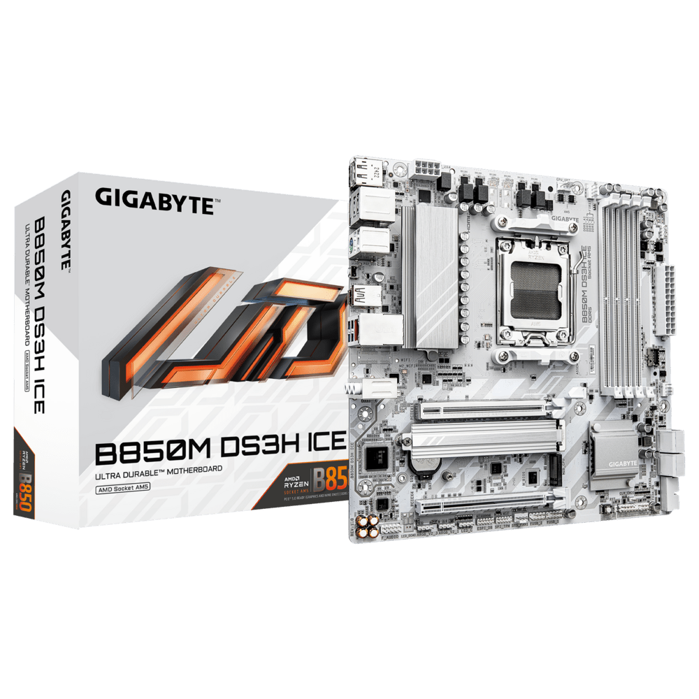 Gigabyte B850M DS3H ICE placa madre y caja vista oficial